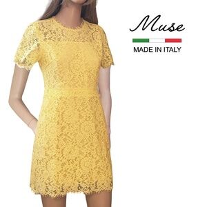 Muse Dress Yellow All-Over Floral Lace Yellow Tule Eyelash Trim Made Italy NWOT